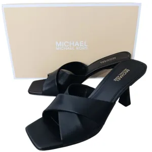 NWT MICHAEL Michael Kors Womens Black Leather Clara Square Toe Heel Sandal 6.5M