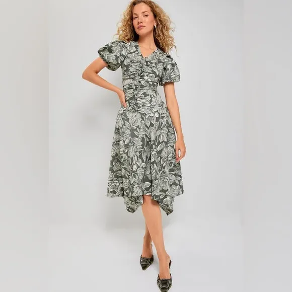 NWT Moon River Floral Puff Sleeve Women's Midi Dress Size Small