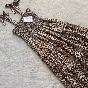 NWT Pink Lily Leopard Cheetah Animal Print Smocked Tie Strap Tiered Midi Dress