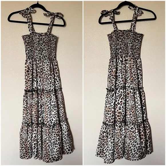 NWT Pink Lily Leopard Cheetah Animal Print Smocked Tie Strap Tiered Midi Dress