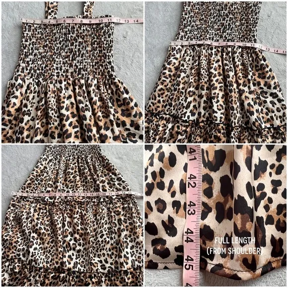 NWT Pink Lily Leopard Cheetah Animal Print Smocked Tie Strap Tiered Midi Dress