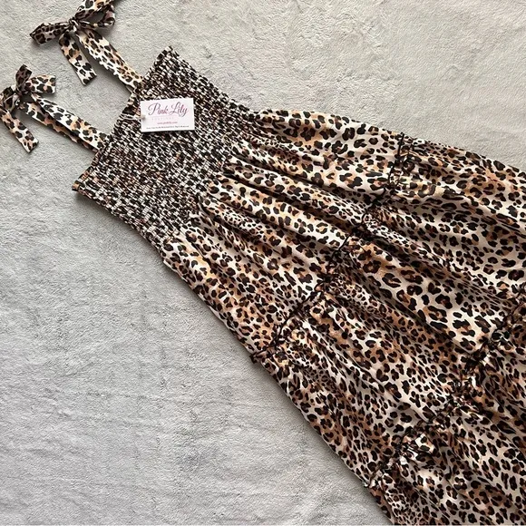 NWT Pink Lily Leopard Cheetah Animal Print Smocked Tie Strap Tiered Midi Dress