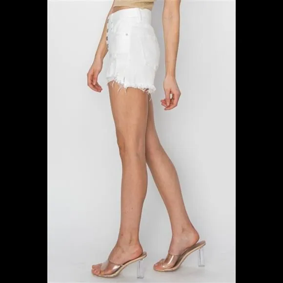 NWT RISEN Button Fly Frayed Hem Denim Shorts, White, Vacation, Sizes S - XL