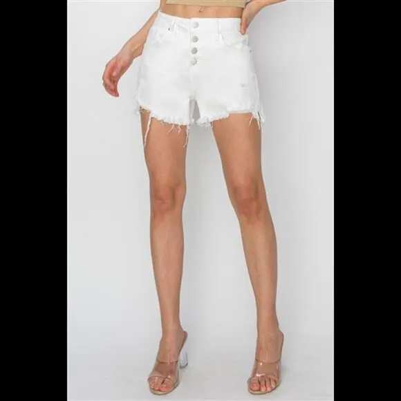 NWT RISEN Button Fly Frayed Hem Denim Shorts, White, Vacation, Sizes S - XL