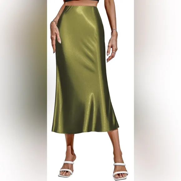 NWT Satin Skirts Casual Silk Midi Skirt High Waisted Long Skirts Zipper Elegant