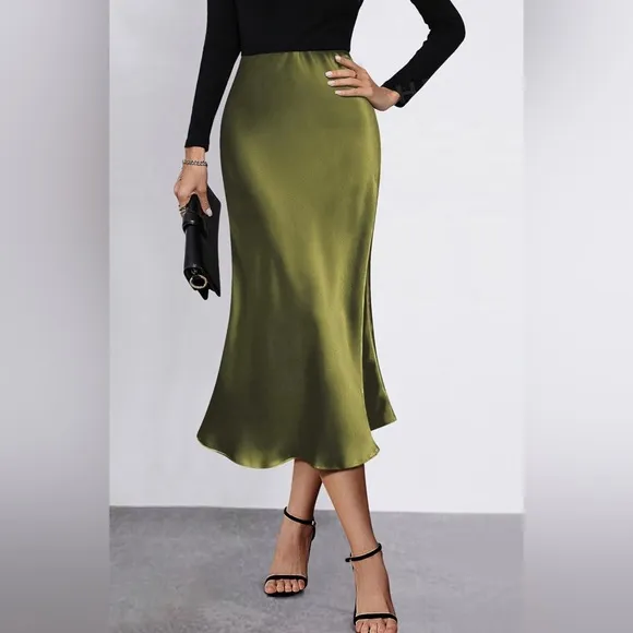 NWT Satin Skirts Casual Silk Midi Skirt High Waisted Long Skirts Zipper Elegant