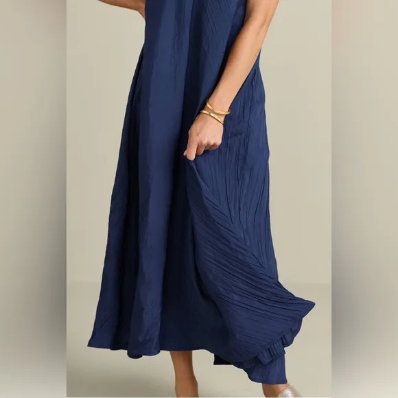NWT Soft Surroundings Mizu Missy Navy V-Neck A-Line Maxi Dress Women's Size M