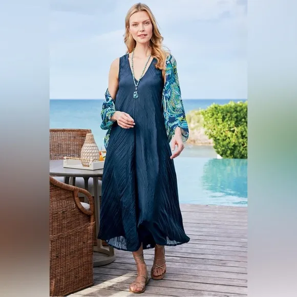 NWT Soft Surroundings Mizu Missy Navy V-Neck A-Line Maxi Dress Women's Size M