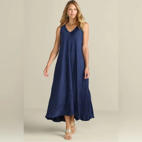 NWT Soft Surroundings Mizu Missy Navy V-Neck A-Line Maxi Dress Women's Size M