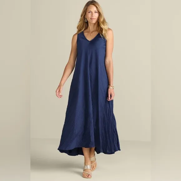 NWT Soft Surroundings Mizu Missy Navy V-Neck A-Line Maxi Dress Women's Size M
