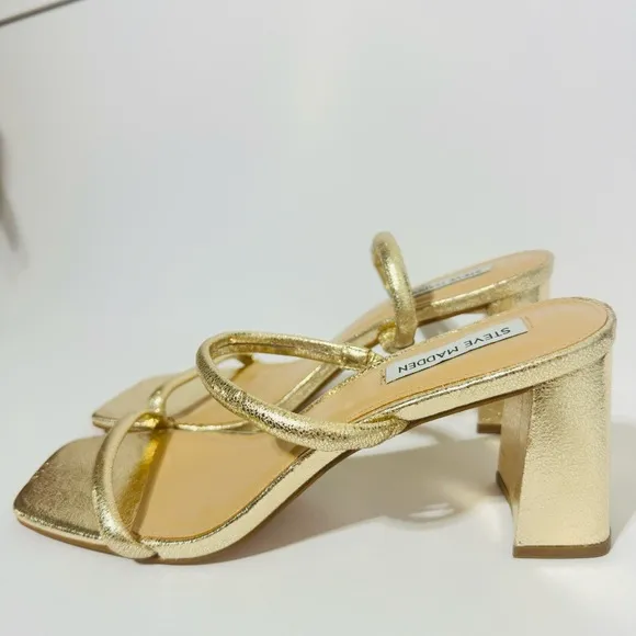 NWT Steve Madden Block Heel Sandal Lilah Minimalist Strappy Square Toe Gold 9