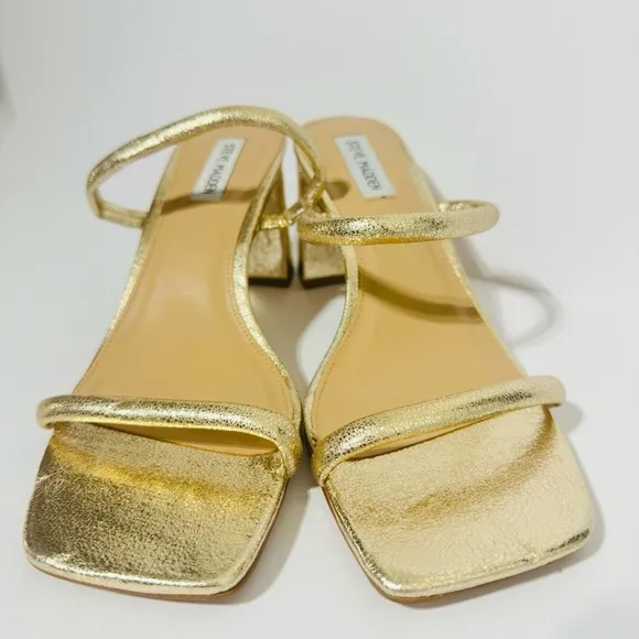 NWT Steve Madden Block Heel Sandal Lilah Minimalist Strappy Square Toe Gold 9