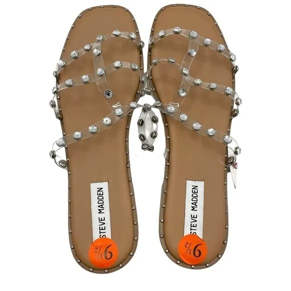 NWT Steve Madden Lyna Clear Straps Crystals Slip On Sandals Size 9.5