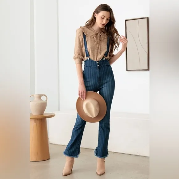 NWT-Striped Pattern Stretched Suspender Denim Jumpsuit