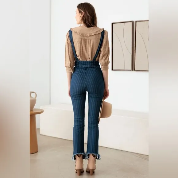 NWT-Striped Pattern Stretched Suspender Denim Jumpsuit