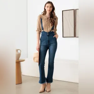 NWT-Striped Pattern Stretched Suspender Denim Jumpsuit
