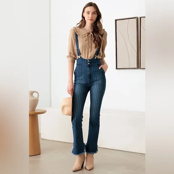 NWT-Striped Pattern Stretched Suspender Denim Jumpsuit