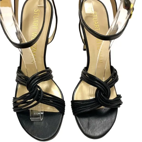 NWT Stuart Weitzman Strappy Leather Twist Sleek 95 Sandals Black Size 9