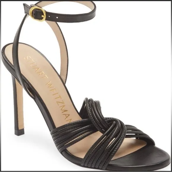 NWT Stuart Weitzman Strappy Leather Twist Sleek 95 Sandals Black Size 9