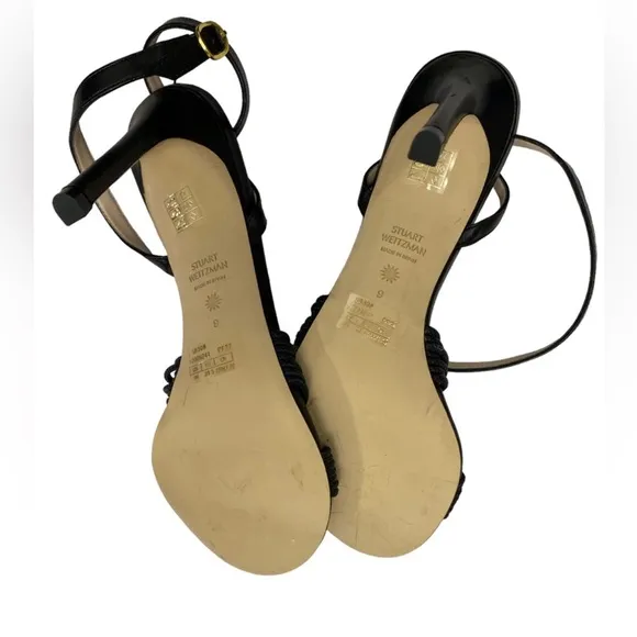 NWT Stuart Weitzman Strappy Leather Twist Sleek 95 Sandals Black Size 9
