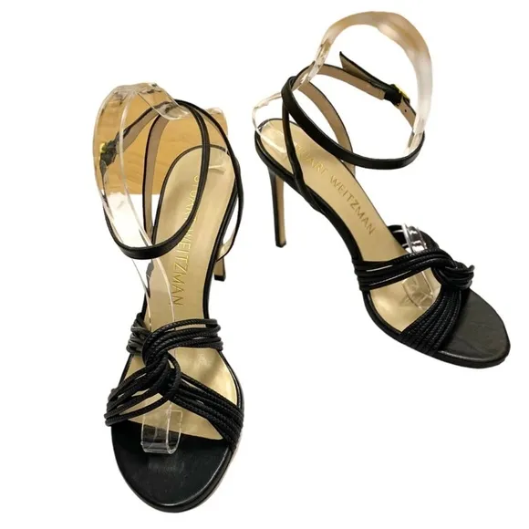 NWT Stuart Weitzman Strappy Leather Twist Sleek 95 Sandals Black Size 9