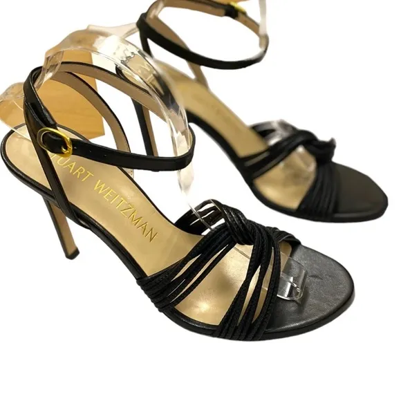 NWT Stuart Weitzman Strappy Leather Twist Sleek 95 Sandals Black Size 9