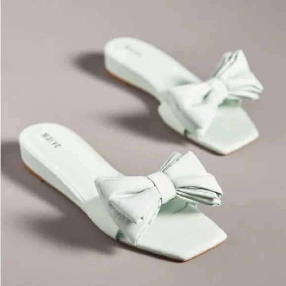 🍭NWT🍭Anthropologie Maeve Bow Micro Wedge Sandals Moss Size 9