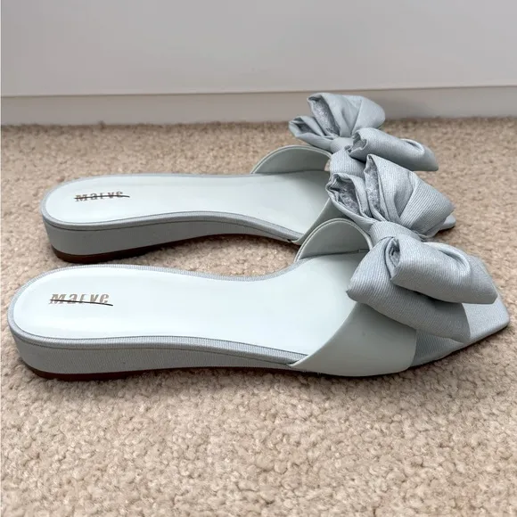 🍭NWT🍭Anthropologie Maeve Bow Micro Wedge Sandals Moss Size 9