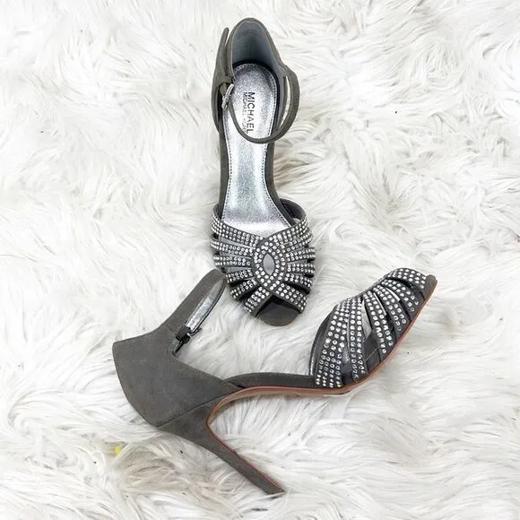 NWT Michael Kors Mina Gray Suede Rhinestone Sandal 6