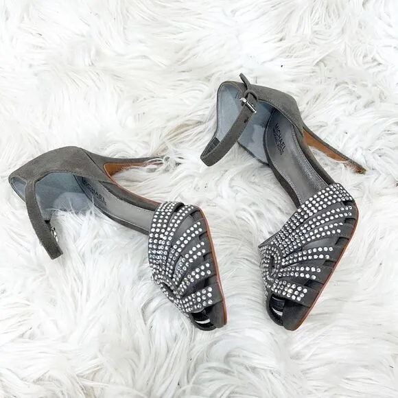 NWT Michael Kors Mina Gray Suede Rhinestone Sandal 6
