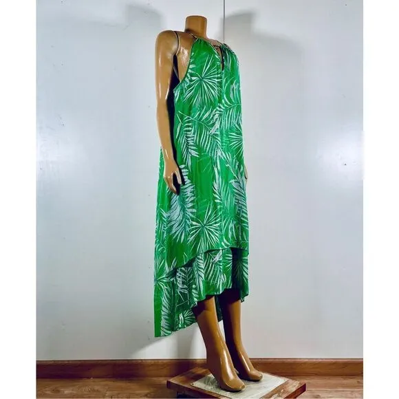 NWT Mlle Gabrielle Sz L Halter Green White Floral High Low Gauzy Maxi Long Dress