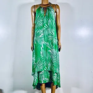 NWT Mlle Gabrielle Sz L Halter Green White Floral High Low Gauzy Maxi Long Dress