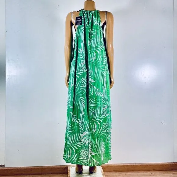 NWT Mlle Gabrielle Sz L Halter Green White Floral High Low Gauzy Maxi Long Dress