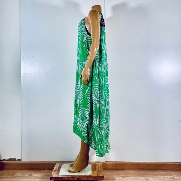 NWT Mlle Gabrielle Sz L Halter Green White Floral High Low Gauzy Maxi Long Dress