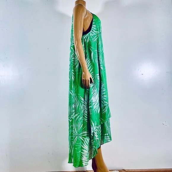 NWT Mlle Gabrielle Sz L Halter Green White Floral High Low Gauzy Maxi Long Dress