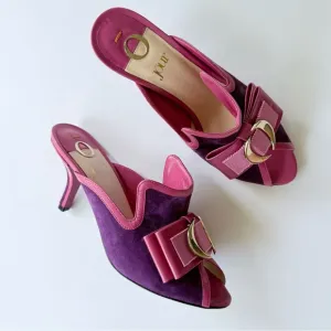 O Jour Purple Suede &amp; Pink Leather High Heel Bow Mule Sandals 36.5 EU