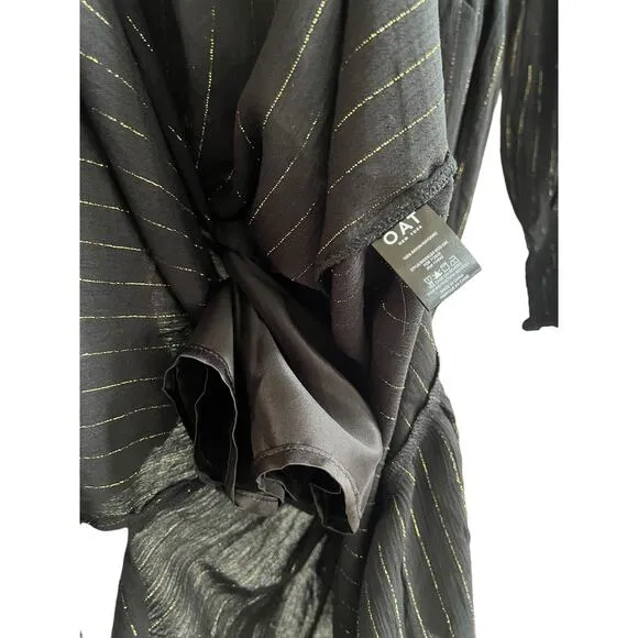OAT New York Black Gold Metallic Puff Long Sleeve Smocked Neck Maxi Dress Medium