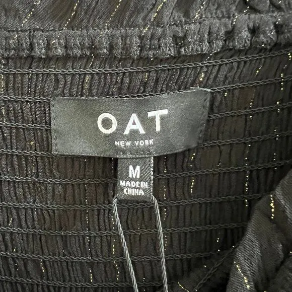 OAT New York Black Gold Metallic Puff Long Sleeve Smocked Neck Maxi Dress Medium
