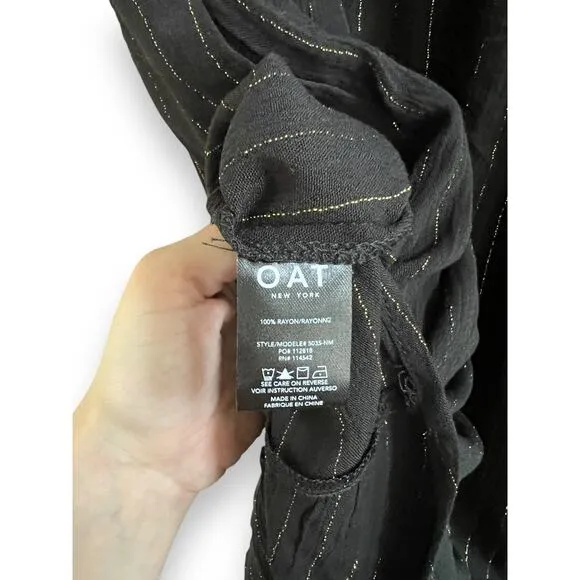 OAT New York Black Gold Metallic Puff Long Sleeve Smocked Neck Maxi Dress Medium