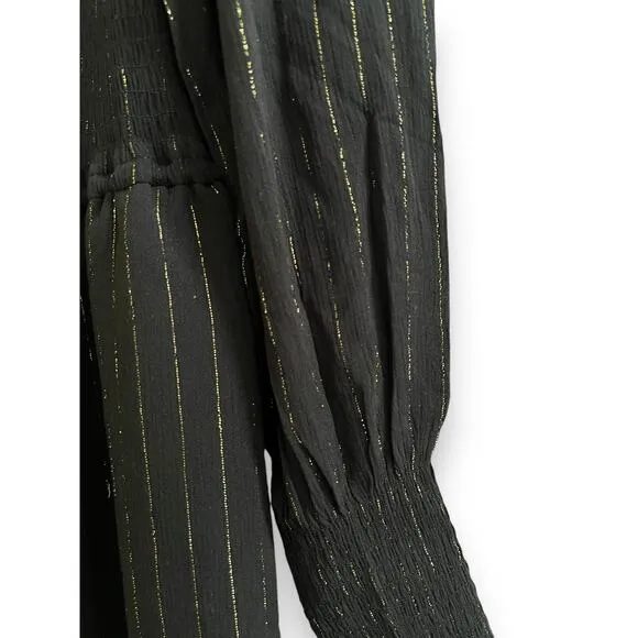 OAT New York Black Gold Metallic Puff Long Sleeve Smocked Neck Maxi Dress Medium