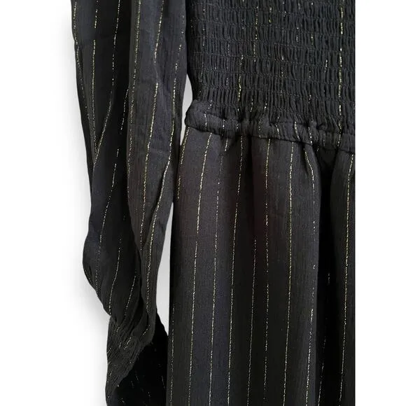 OAT New York Black Gold Metallic Puff Long Sleeve Smocked Neck Maxi Dress Medium