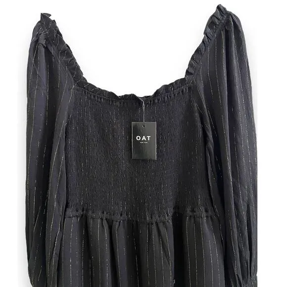 OAT New York Black Gold Metallic Puff Long Sleeve Smocked Neck Maxi Dress Medium