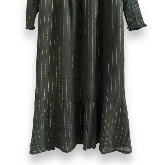 OAT New York Black Gold Metallic Puff Long Sleeve Smocked Neck Maxi Dress Medium