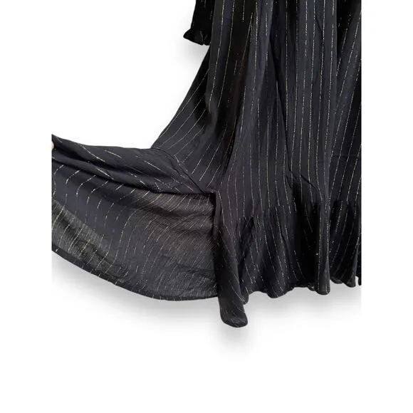 OAT New York Black Gold Metallic Puff Long Sleeve Smocked Neck Maxi Dress Medium
