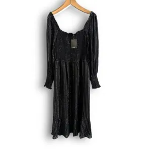 OAT New York Black Gold Metallic Puff Long Sleeve Smocked Neck Maxi Dress Medium