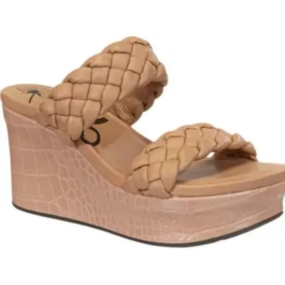 OBT Womens Leather Braided Strappy Slip-On Beige Wedge Sandals Black 9.5 New