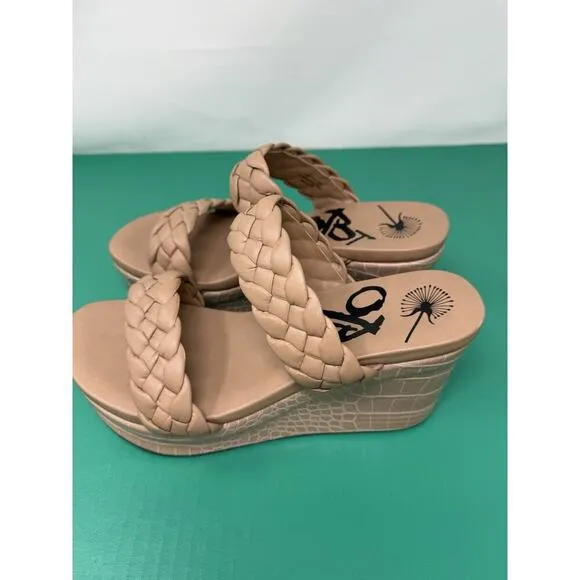 OBT Womens Leather Braided Strappy Slip-On Beige Wedge Sandals Black 9.5 New
