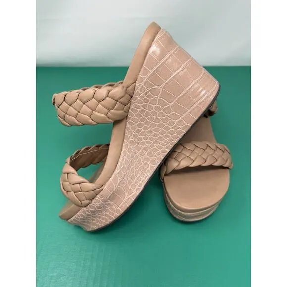 OBT Womens Leather Braided Strappy Slip-On Beige Wedge Sandals Black 9.5 New