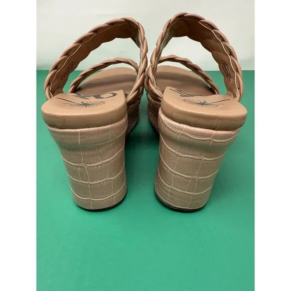 OBT Womens Leather Braided Strappy Slip-On Beige Wedge Sandals Black 9.5 New