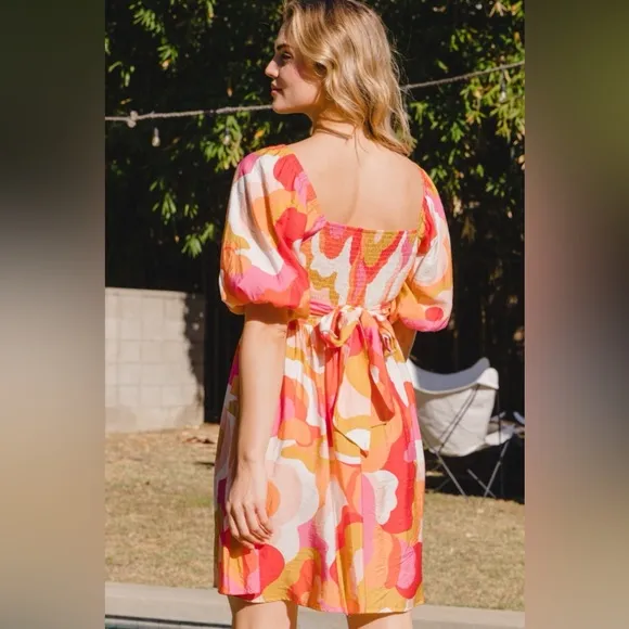 ODDI Printed Tied Back Short Sleeve Mini Dress